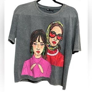 Zara Girls print t-shirt sequin anthracite gray color bloggers fav sz S